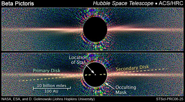         (Beta Pictoris)      .   2003 .   ,         ,     4-5 .          ,       ,              .  NASA, ESA, ACS Science Team, D.Golimowski (Johns Hopkins University), D.Ardila (IPAC), J.Krist (JPL), M.Clampin (GSFC), H.Ford (JHU), and G.Illingworth (UCO/Lick)