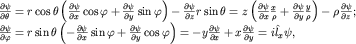 $begin{array}{l} frac{partialpsi}{partialtheta}=rcosthetaleft( frac{partialpsi}{partial x}cosvarphi+ frac{partialpsi}{partial y}sinvarphiright) - frac{partialpsi}{partial z}rsintheta=zleft( frac{partialpsi}{partial x}frac{x}{rho}+ frac{partialpsi}{partial y}frac{y}{rho}right)- rhofrac{partialpsi}{partial z}; frac{partialpsi}{partialvarphi}=rsinthetaleft( - frac{partialpsi}{partial x}sinvarphi+ frac{partialpsi}{partial y}cosvarphiright)= -yfrac{partialpsi}{partial x}+xfrac{partialpsi}{partial y}= ihat l_xpsi, end{array}$