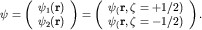 $psi=left(begin{array}{l} psi_1({bf r}) psi_2({bf r}) end{array}right)=left(begin{array}{l} psi_({bf r},zeta=+1/2) psi_({bf r},zeta=-1/2) end{array}right).$