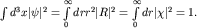 $int d^3 x|psi|^2=intlimits_{0}^{infty}drr^2|R|^2=intlimits_{0}^{infty}dr|chi|^2=1.$