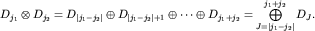 $D_{j_1}otimes D_{j_2}=D_{|j_1-j_2|}oplus D_{|j_1-j_2|+1}opluscdotsoplus D_{j_1+j_2}=bigopluslimits_{J=|j_1-j_2|}^{j_1+j_2}D_J.$