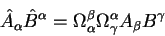 begin{displaymath}
hat A_{alpha} hat B^{alpha}=
Omega_{alpha}^{beta}Omega_{gamma}^{alpha} A_{beta} B^{gamma}
end{displaymath}