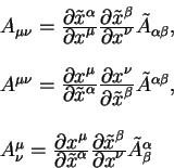 begin{displaymath}
begin{array}{l}
A_{mu nu} = {displaystylepartial tilde...
...aystylepartial x^{nu}}
tilde A^{alpha}_{beta}
end{array}end{displaymath}