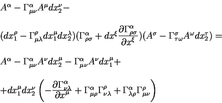 begin{displaymath}
begin{array}{l}
A^{alpha} - Gamma^{alpha}_{mu nu} A^{...
...a}_{lambda rho} Gamma^{rho}_{mu nu }right) end{array}
end{displaymath}