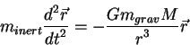 begin{displaymath}
m_{inert}{displaystyle d^2 vec roverdisplaystyle dt^2}= -{displaystyle Gm_{grav}Moverdisplaystyle r^3} vec r
end{displaymath}