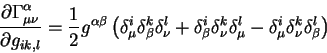 begin{displaymath}
{displaystylepartial Gamma^{alpha}_{mu nu}overdispla...
...mu} -
delta^i_{mu} delta^k_{nu} delta^l_{beta}
right)
end{displaymath}