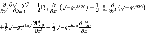 begin{displaymath}
begin{array}{l}
{displaystylepartialoverdisplaystylepa...
...mu}_{alpha mu}overdisplaystylepartial x^l}
end{array}
end{displaymath}